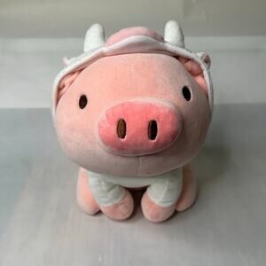 Miniso Sitting Pig Plush in Cow Costume Stuffed Animal Pink White 10”